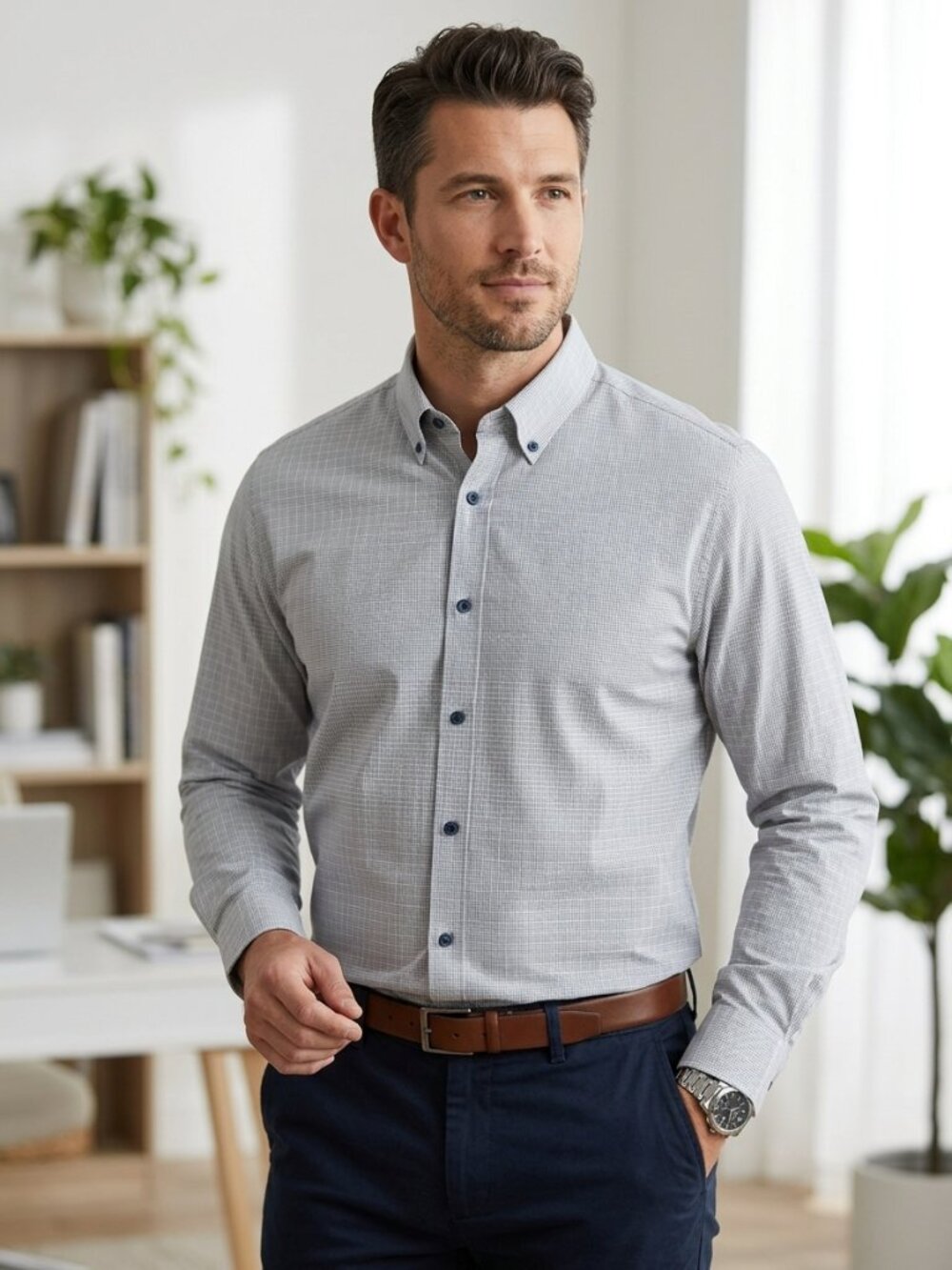 Calvin Klein Grey Check Button-Down Shirt — Size XL